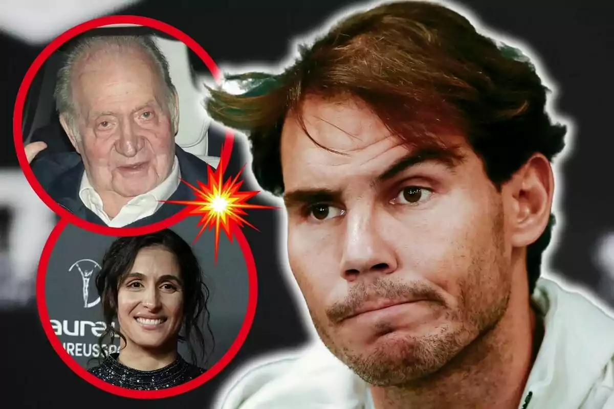 Montaje de fotos de primer plano de Rafa Nadal con rostro serio y Juan Carlos I y Xisca Perelló con rostro sonriente