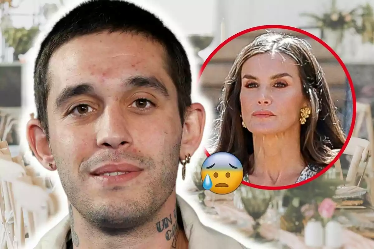 Víctor Elías con tatuajes y pendientes aparece en primer plano, mientras que en el fondo se ve la imagen de Letizia Ortiz enmarcada en un círculo rojo con un emoji de cara preocupada.