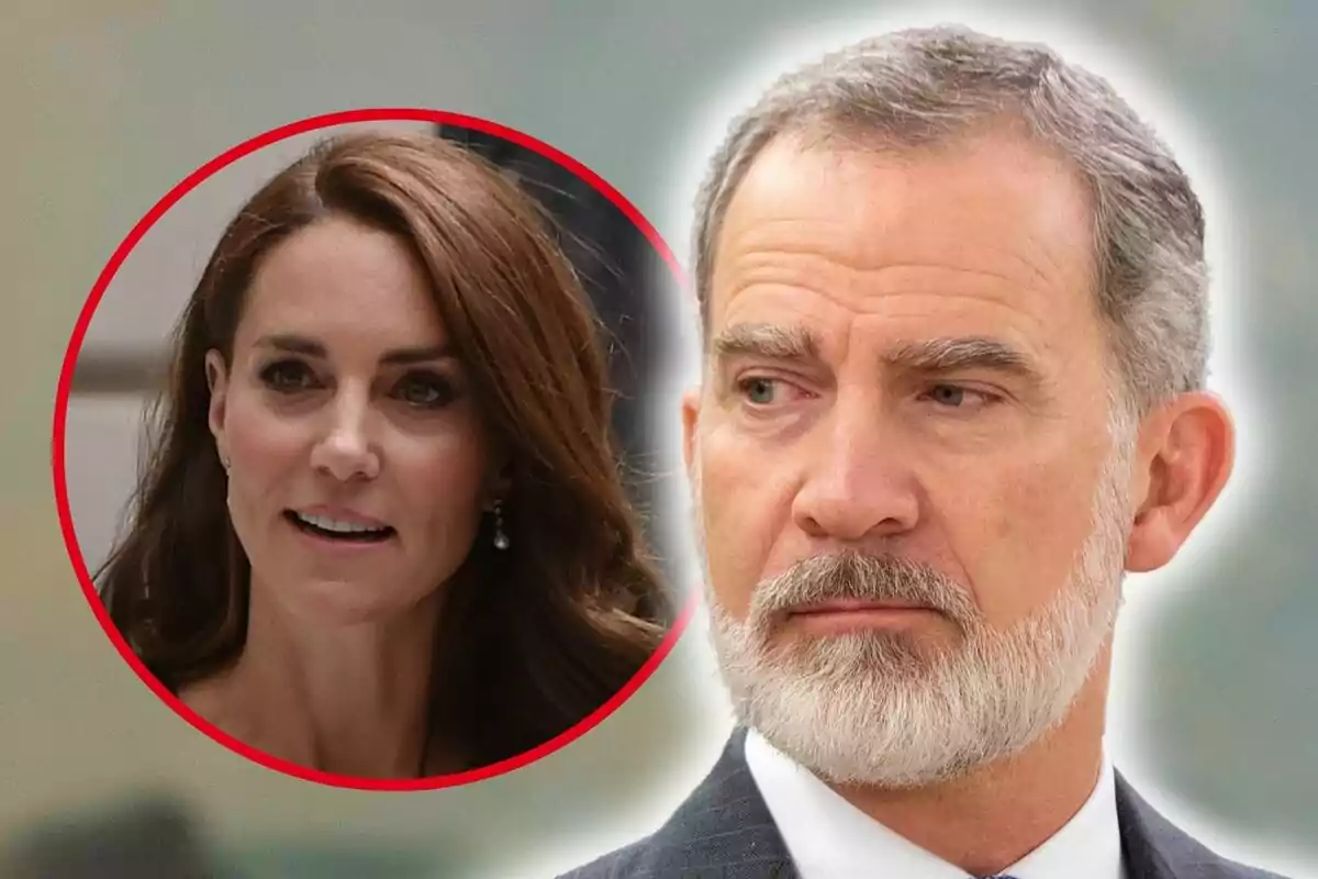 Montaje de fotos de primer plano del rey Felipe de Borbón con rostro serio y, al lado, una imagen de Kate Middleton con rostro medio sonriente