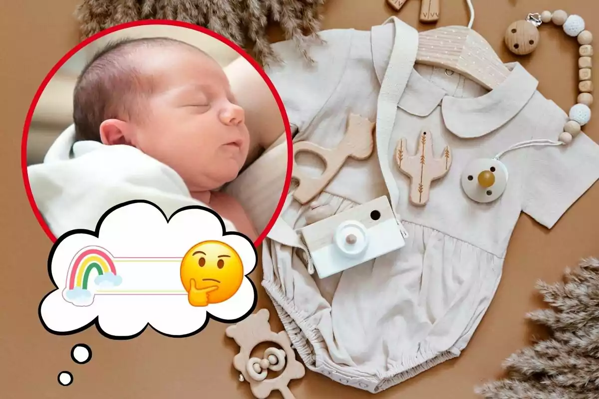 Montaje de fotos de ropa de bebé y, al lado, la imagen de un recién nacido con un emoji pensativo