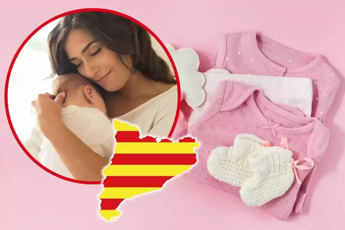 Montaje de fotos de una madre abrazando a su bebé y, de fondo, un plano general de ropa de niña con un emoji de Cataluña
