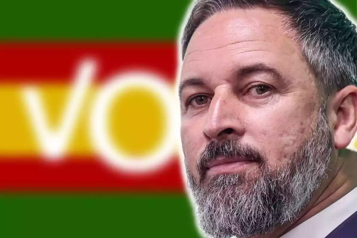 Montaje de fotos de Santiago Abascal con el logo de VOX de fondo