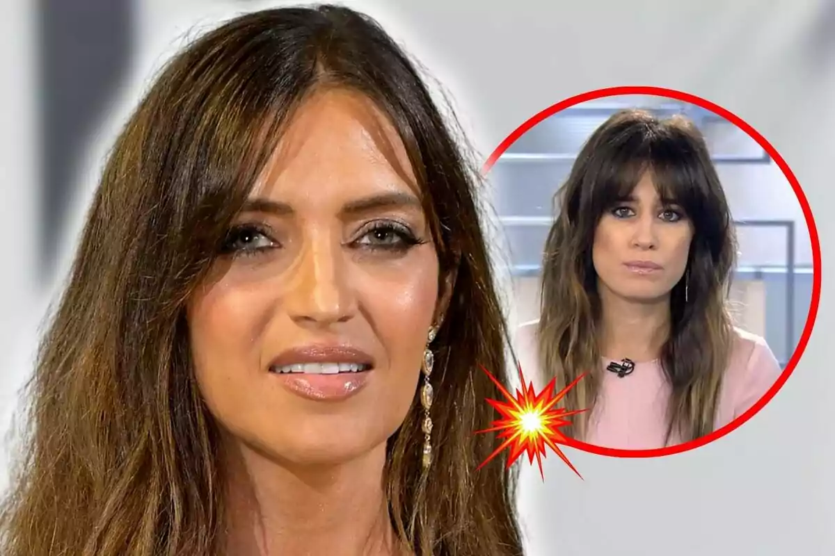 Primer plano de Sara Carbonero sonriente con cabello largo y suelto, con una imagen más pequeña de Isabel Jiménez en un círculo rojo en la esquina superior derecha.