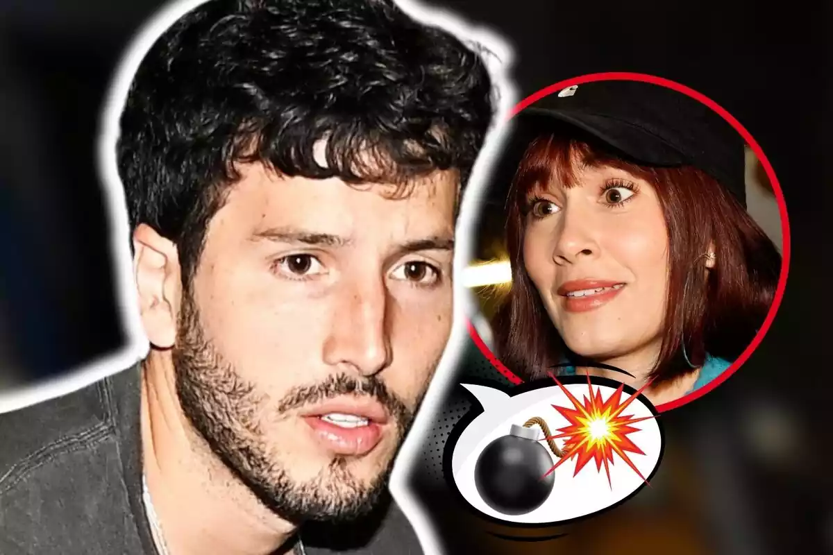 Montaje de fotos de primer plano de Sebastián Yatra con rostro serio y, al lado, una imagen de Aitana Ocaña con rostro de sorpresa; ambos tienen al lado un emoji de bomba explotando