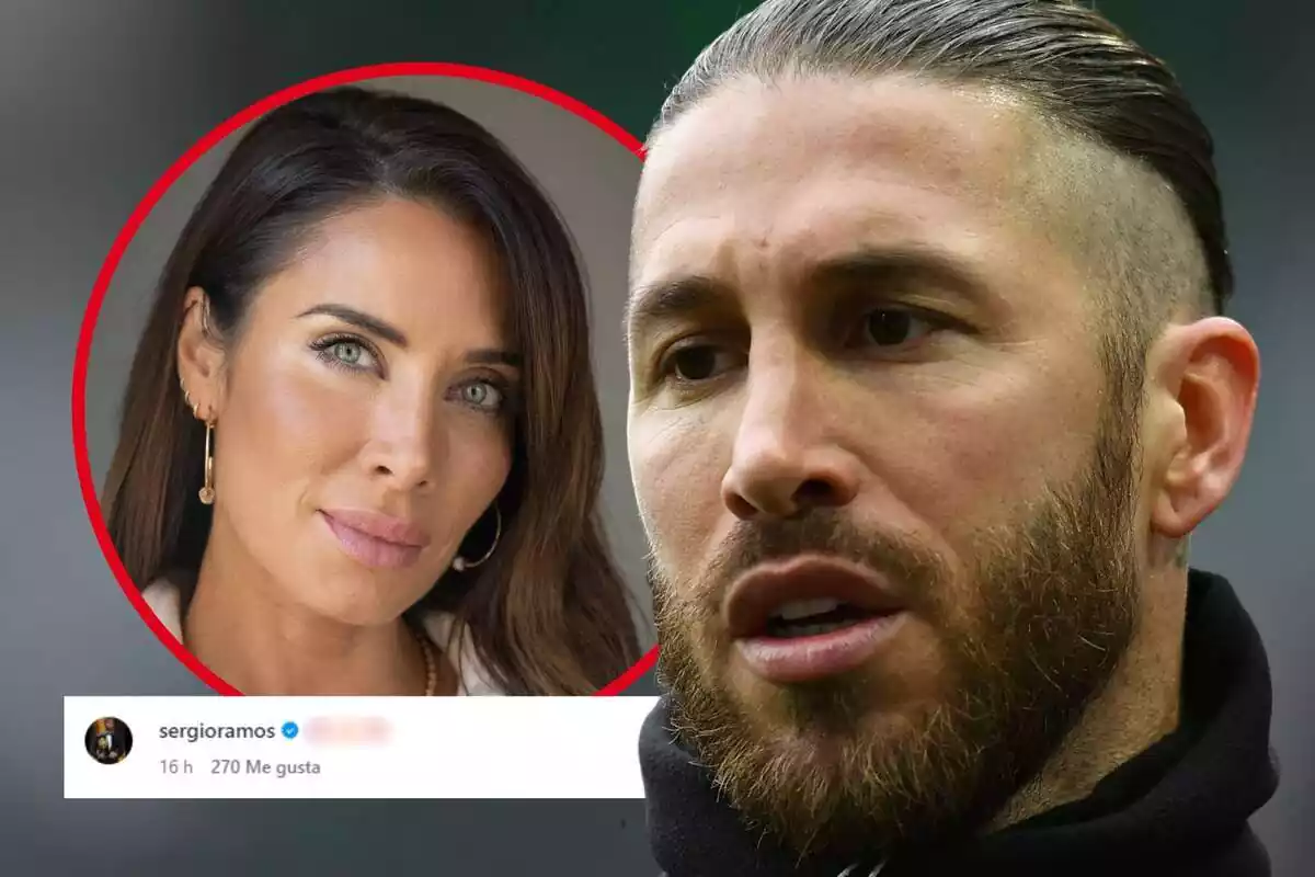 Montaje de fotos de primer plano de Sergio Ramos y Pilar Rubio, ambos con rostro serio, y debajo la captura de pantalla de un comentario de Instagram difuminado