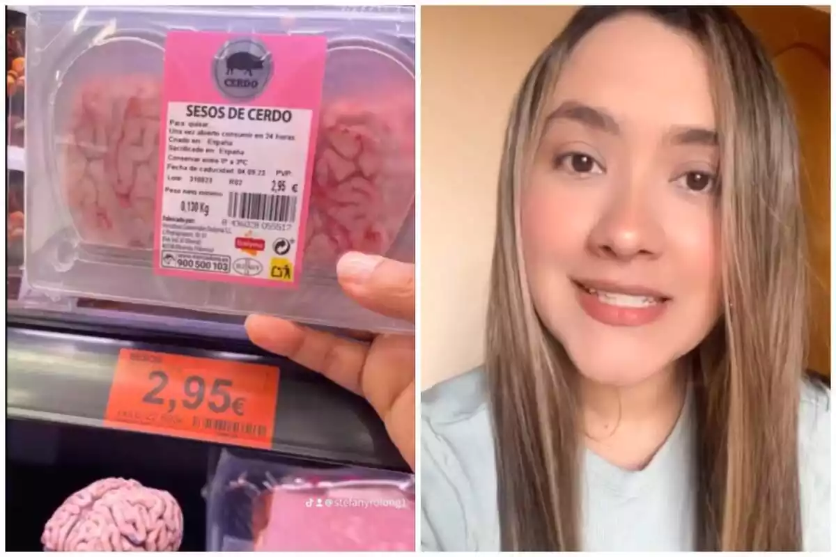 Montaje de fotos de sesos de cerdo y una captura de un TikTok de @stefanyrolong1