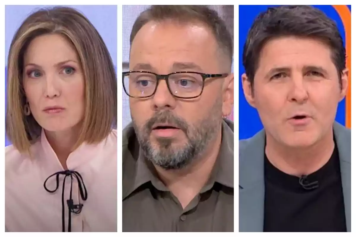 Tres personas en primer plano durante un programa de televisión -que son Silvia Intxaurrondo, Antonio Maestre y Jesús Cintora-, cada una en un recuadro separado, con expresiones serias y fondo de estudio. Tres personas en primer plano durante un programa de televisión -que son Silvia Intxaurrondo, Antonio Maestre y Jesús Cintora-, cada una en un recuadro separado, con expresiones serias y fondo de estudio.