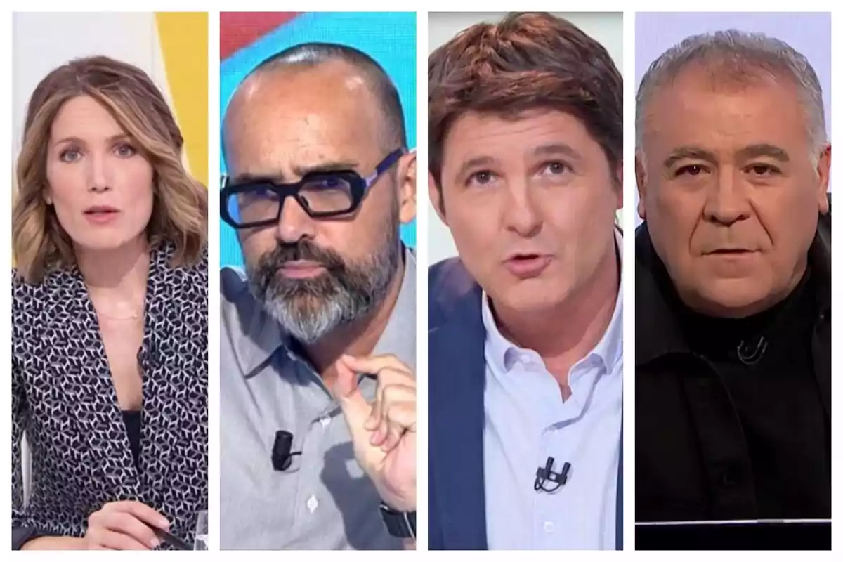 Cuatro presentadores de televisión -Silvia Intxaurrondo, Risto Mejide, Jesús Cintora y Antonio García Ferreras- aparecen en primer plano, cada uno en su propio recuadro, mirando hacia la cámara con expresiones serias. Cuatro presentadores de televisión -Silvia Intxaurrondo, Risto Mejide, Jesús Cintora y Antonio García Ferreras- aparecen en primer plano, cada uno en su propio recuadro, mirando hacia la cámara con expresiones serias.