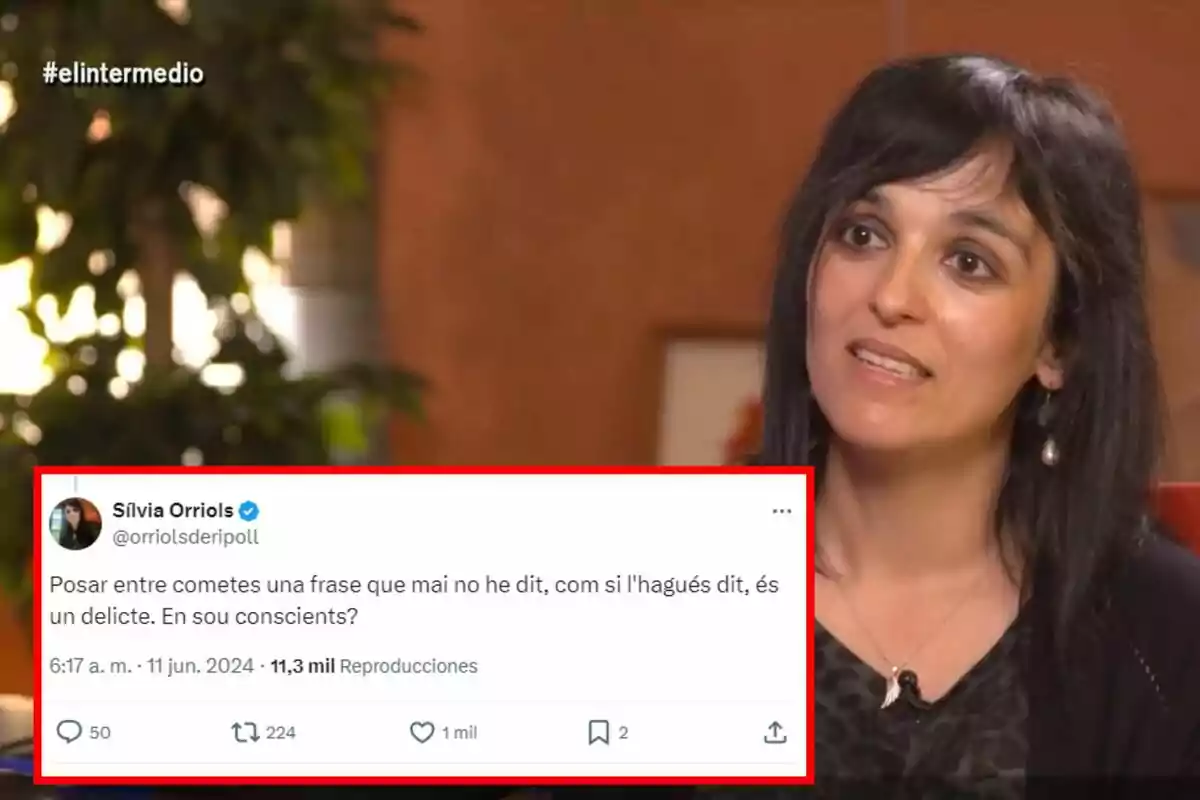 Montaje de fotos de Sílvia Orriols con rostro neutro y, al lado, una captura de pantalla de un tweet suyo Montaje de fotos de Sílvia Orriols con rostro neutro y, al lado, una captura de pantalla de un tweet suyo