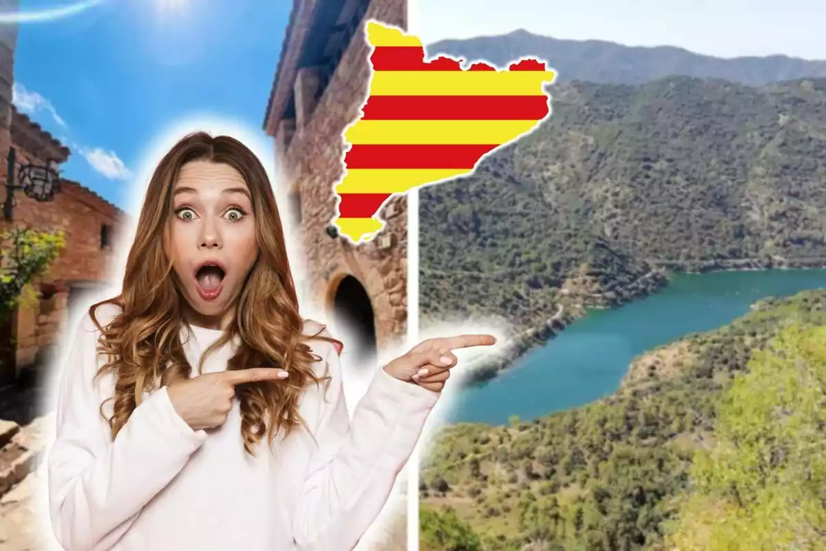 Montaje de dos fotos de Siurana, un pequeño pueblo, y al lado, una persona con rostro de sorpresa y un emoji de Cataluña