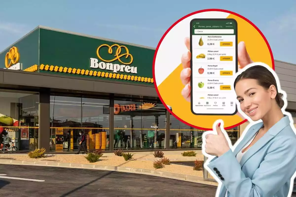 Montaje de fotos de un plano general de un establecimiento Bonpreu y, al lado, una imagen del BPas y una mujer sonriente con el pulgar arriba