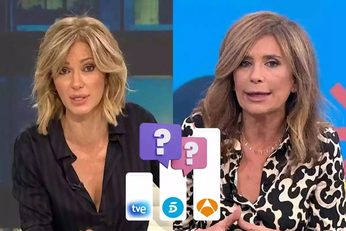 Montaje de fotos de Susanna Griso y Gema López, en los platós de sus respectivos programas, con rostro serio, y en el centro un gráfico de barras con interrogantes