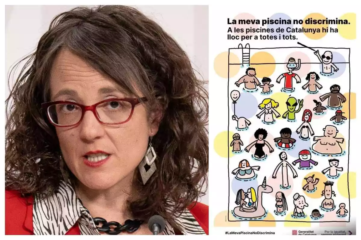 Montaje de fotos de Tània Verge y el cartel de la Generalitat de Cataluña que tiene el título: 'Mi piscina no discrimina'