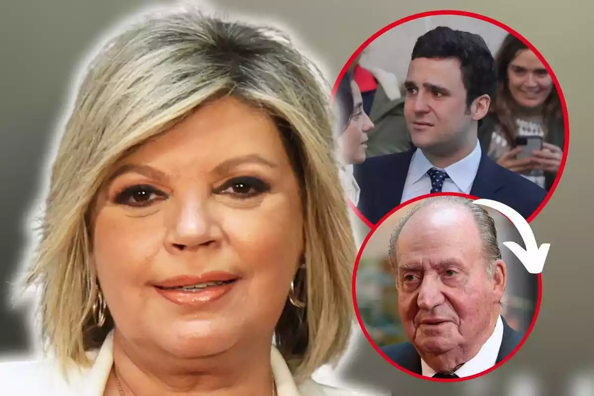 Montaje de fotos de primer plano de Terelu Campos con rostro medio sonriente, Juan Carlos I con rostro sonriente y Froilán con rostro serio