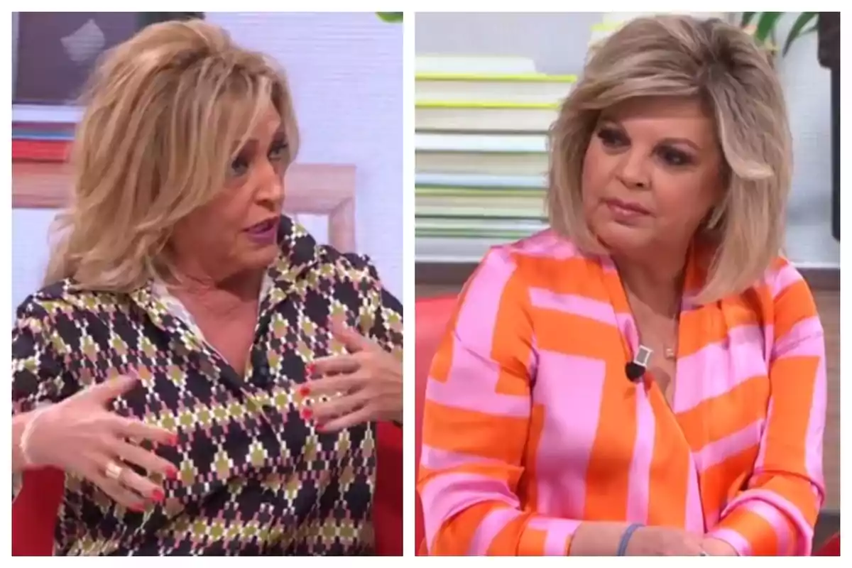 Montaje de fotos de plano corto de Terelu Campos y Lydia Lozano ambas con rostro serio en el plató de 'Mañaneros' de RTVE Montaje de fotos de plano corto de Terelu Campos y Lydia Lozano ambas con rostro serio en el plató de 'Mañaneros' de RTVE
