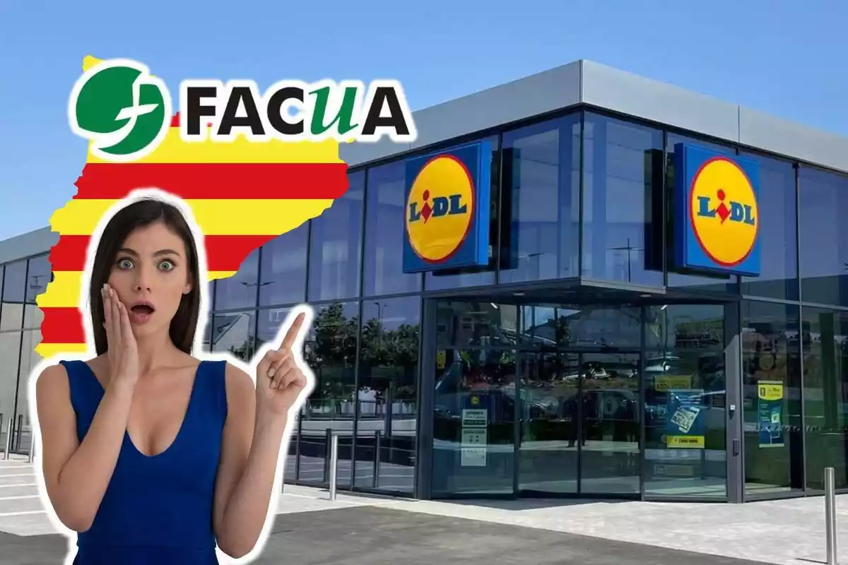 Montaje de fotos de un plano general de una tienda Lidl y, al lado, la silueta de Cataluña con una mujer con rostro sorprendido y el logo de Facua al lado