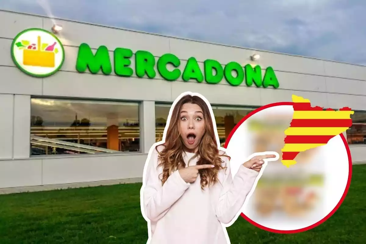 Montaje de fotos de una tienda Mercadona y, al lado, una mujer con rostro de sorpresa y una silueta de Cataluña
