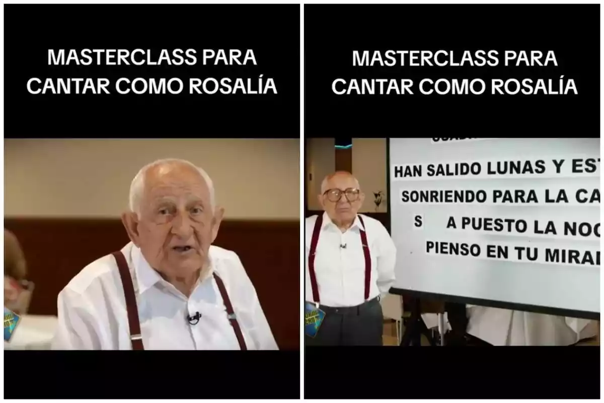 Montaje de fotos de un abuelo de TikTok de @musicaliterd dando una masterclass sobre cómo cantar como Rosalía