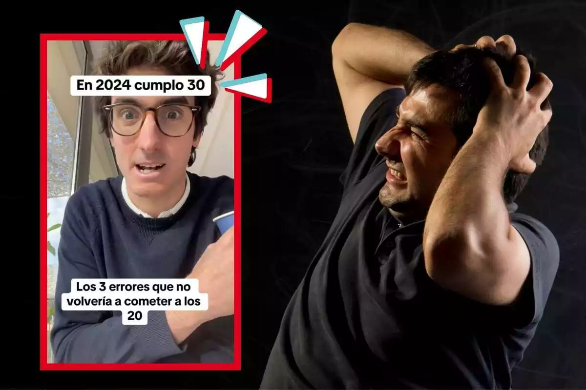 Montaje de fotos de un hombre enfadado y, al lado, captura de pantalla de un TikTok de Javi d'Erausquin hablando de errores que ha cometido antes de cumplir los 30 años