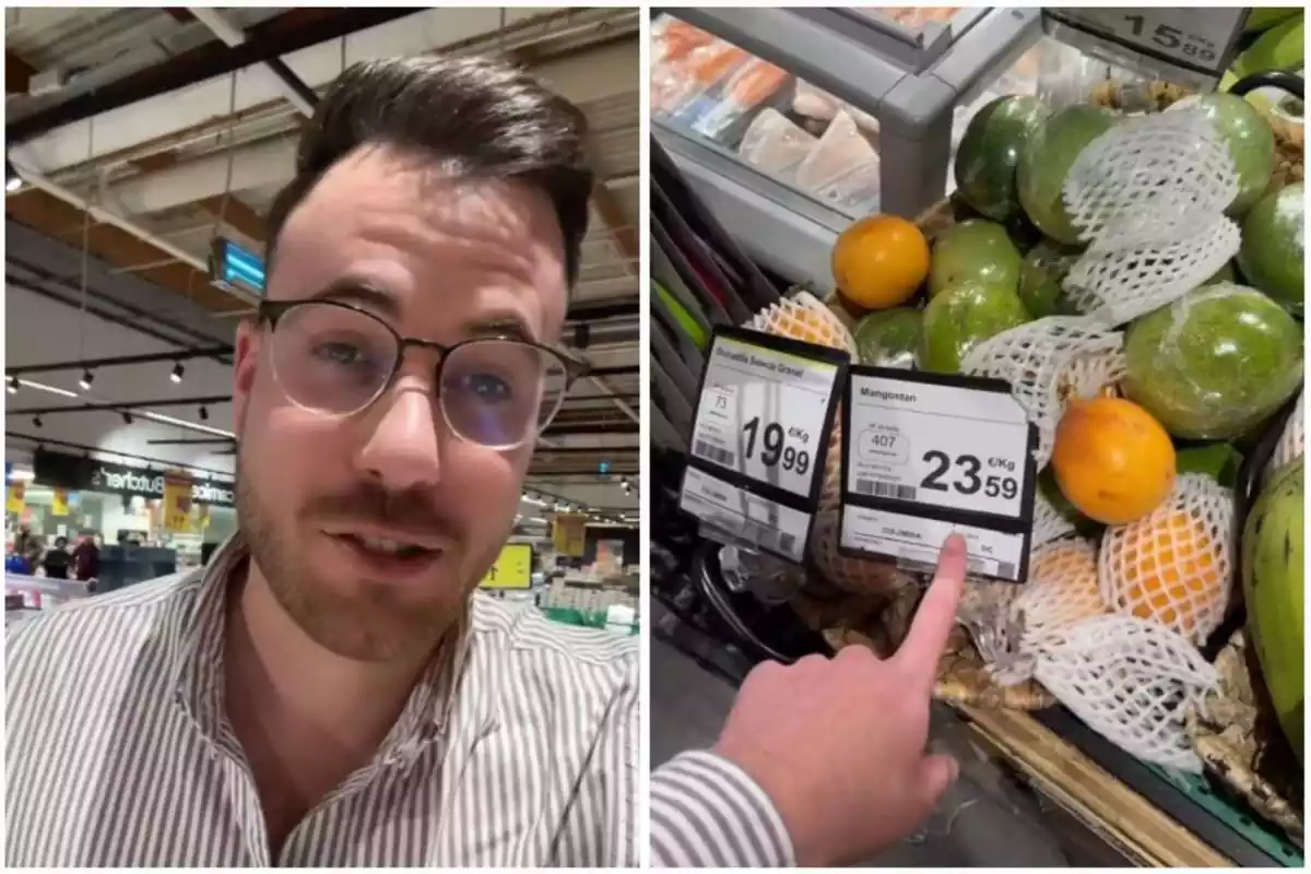 Montaje de fotos de Rubén, tiktoker de 'Viajealcuadrado' y, al lado, una imagen del precio de la fruta en un supermercado de España