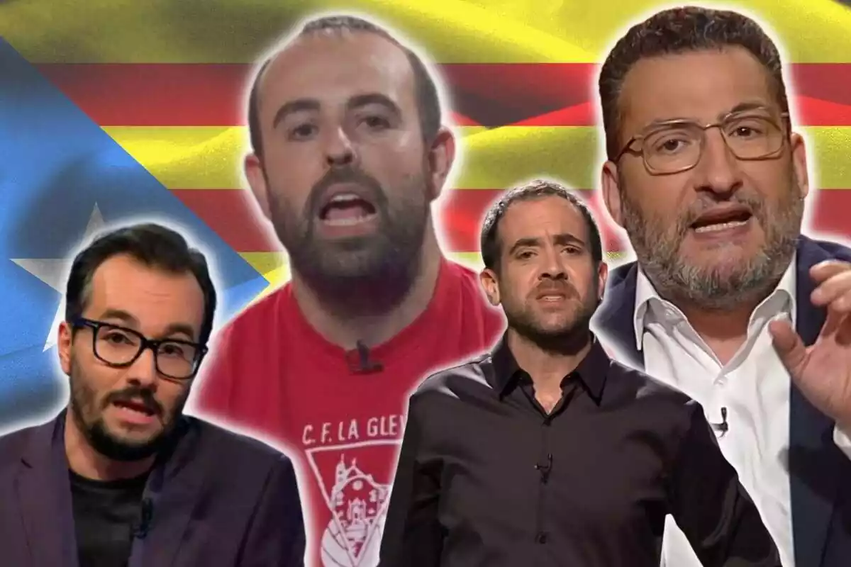 Montaje de fotos de Toni Soler, Jair Domínguez, Peyu y Joel Díaz con una estelada de Cataluña detrás