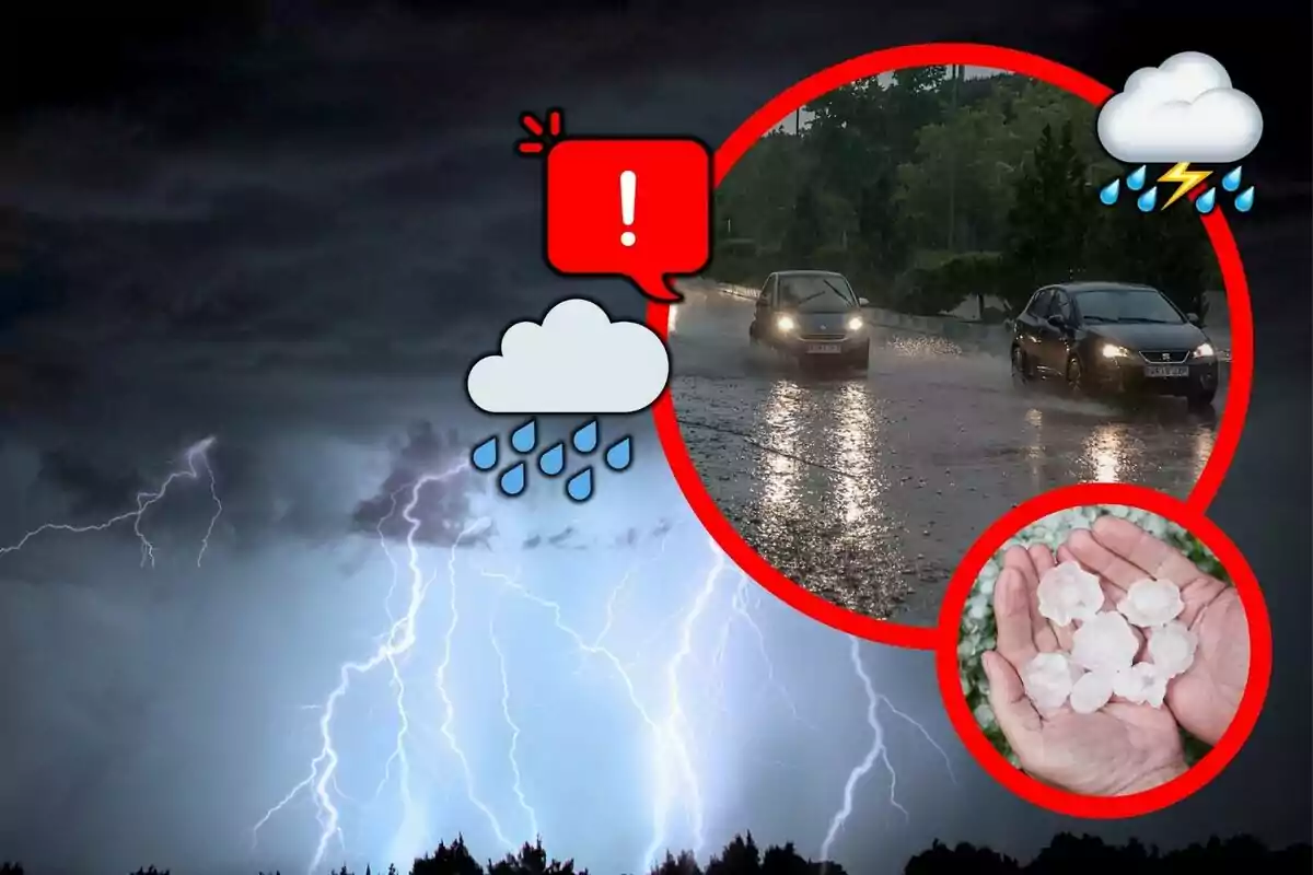 Una tormenta eléctrica con rayos ilumina el cielo oscuro mientras dos autos circulan por una carretera mojada y una persona sostiene granizos en sus manos, acompañado de iconos de alerta y clima lluvioso.