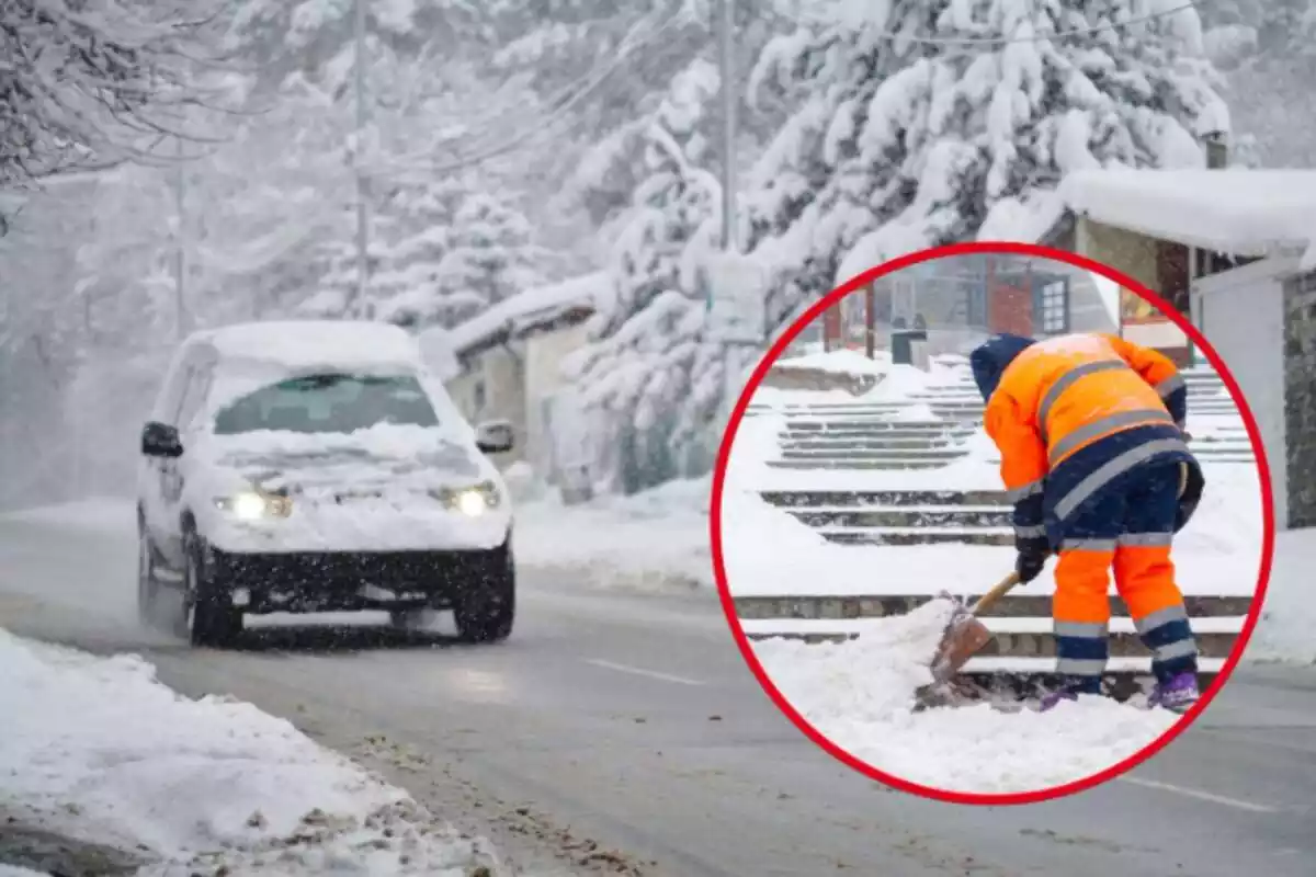 Montaje de fotos de un coche circulando en una carretera con nieve y, al lado, la imagen de un hombre quitando nieve