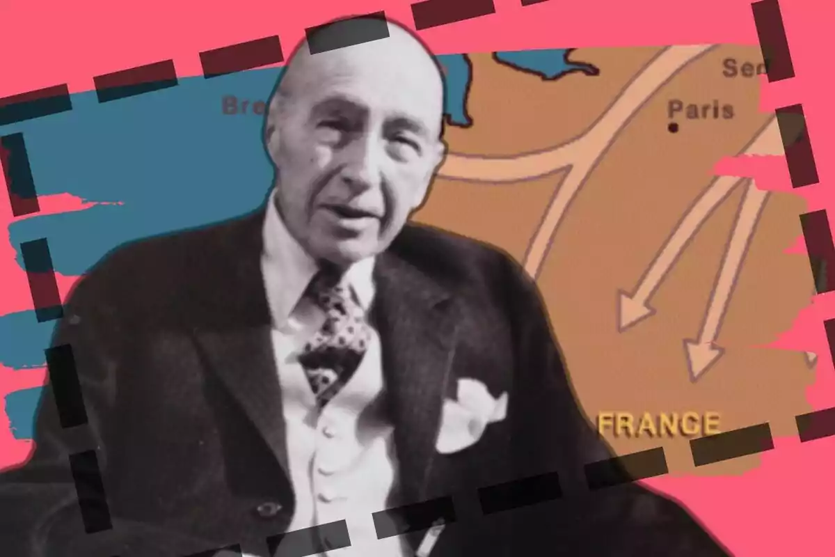 Hombre mayor de traje sentado frente a un mapa con flechas y fondo colorido