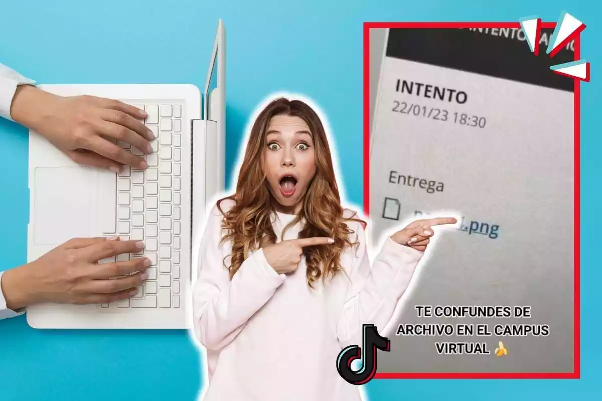 Montaje de fotos de unas manos tecleando en un ordenador portátil y, al lado, una captura de un error de entrega en un campus virtual con una mujer con el rostro de sorpresa al lado