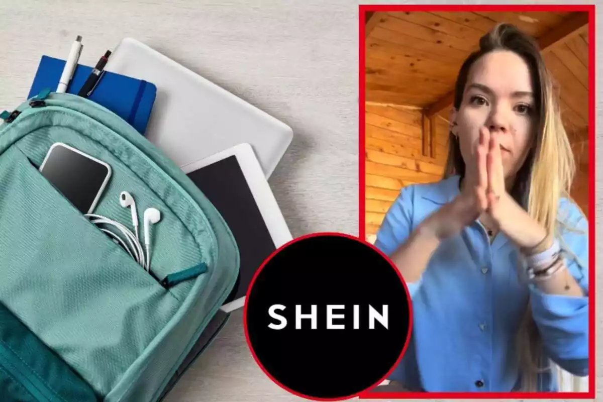 Montaje de fotos de la tiktoker @IllalaSusana y, al lado, una imagen de recurso de una mochila y el logo de la tienda online Shein