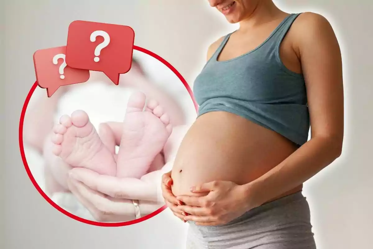 Una mujer embarazada sonríe mientras sostiene su vientre. A la izquierda, hay una imagen superpuesta de los pies de un bebé sostenidos por una mano, con dos íconos de burbujas de diálogo con signos de interrogación.