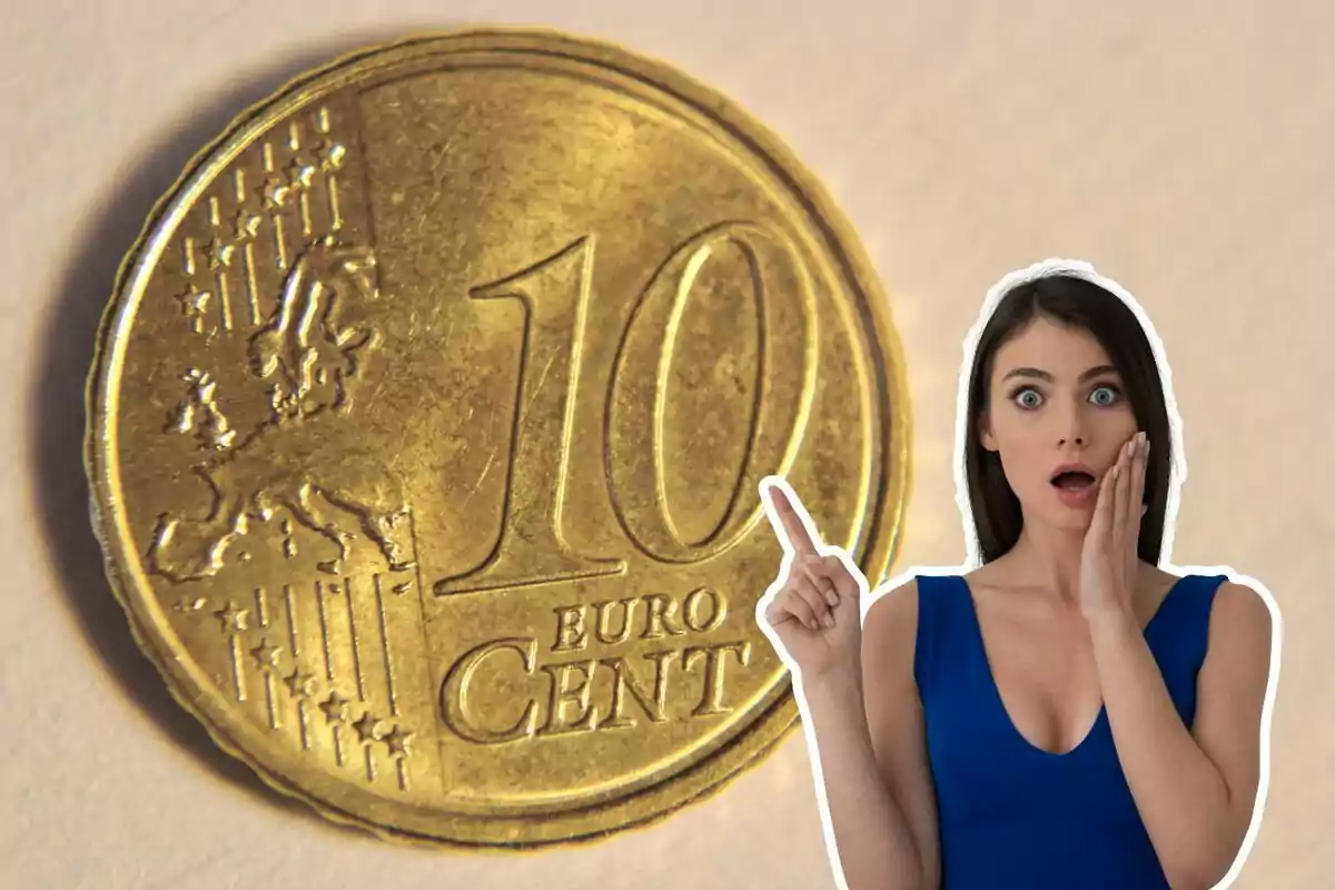 Montaje de fotos de una moneda de 10 céntimos y junto a una mujer con rostro de sorpresa