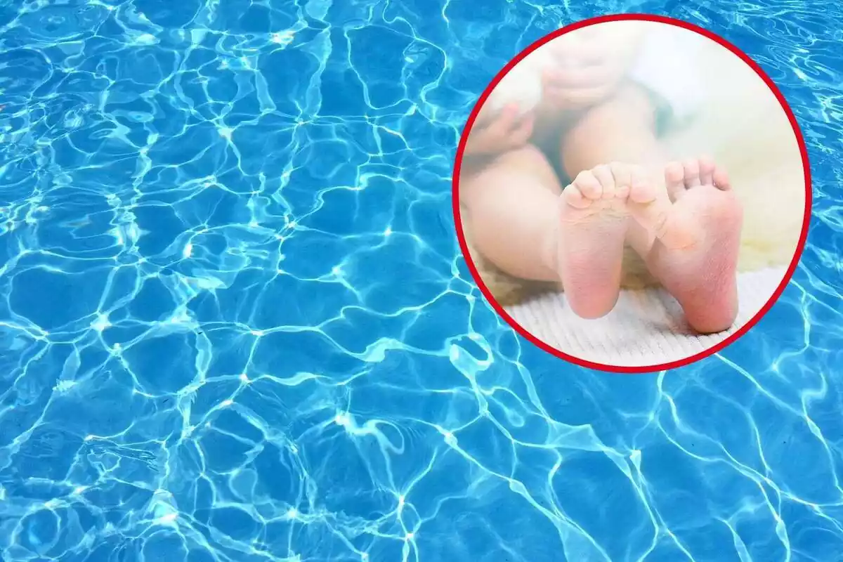 Montaje de fotos de una piscina y los pies de un niño pequeño en un circulito al lado