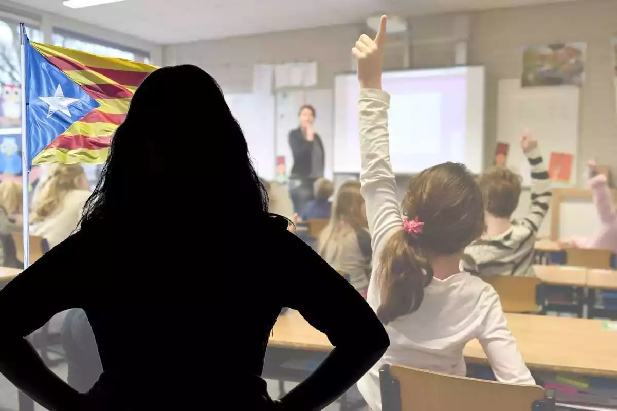 Montaje de fotos de la silueta de una mujer con una bandera catalana independentista al lado y, de fondo, una imagen de unos niños en clase