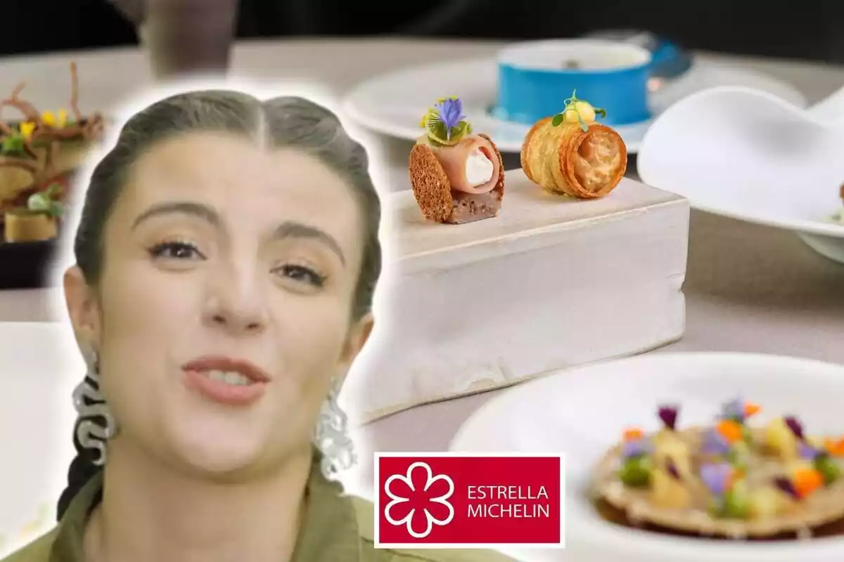 Montaje de fotos de un TikTok de @ElPais donde aparece una chica en plano corto hablando de 7 restaurantes que tienen Estrella Michelin en España que cuestan menos de 65€ y, de fondo, la imagen de recurso de un plato sobre una mesa