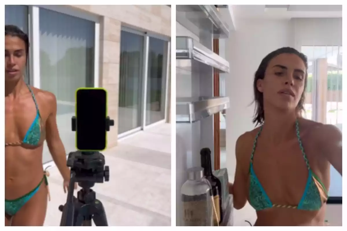 Sofía Suescun en bikini verde y azul está grabando un video con su teléfono en el exterior y luego aparece en el interior de una casa frente a un refrigerador. Sofía Suescun en bikini verde y azul está grabando un video con su teléfono en el exterior y luego aparece en el interior de una casa frente a un refrigerador.