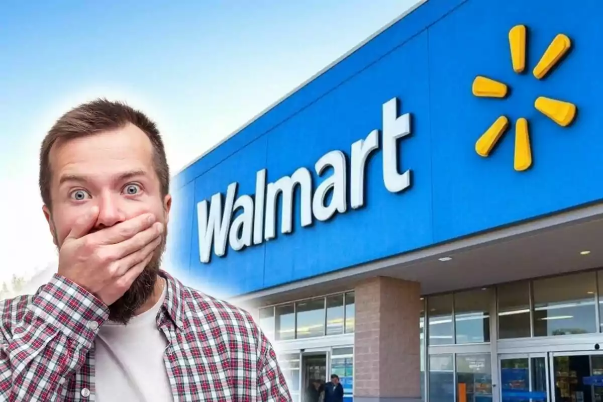 Un hombre sorprendido con la mano en la boca frente a una tienda de Walmart.