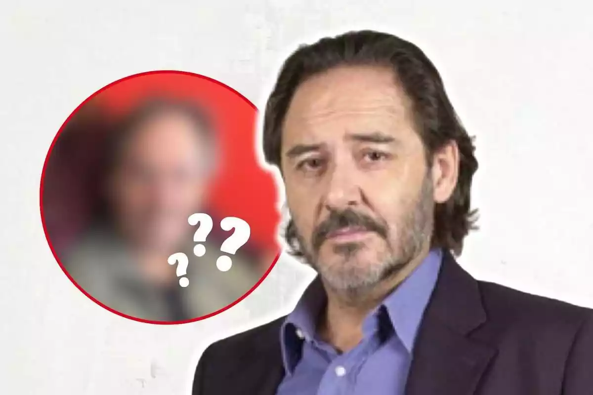 Montaje de fotos del actor Santiago Ramos con rostro serio y, al lado, una imagen difuminada con interrogantes