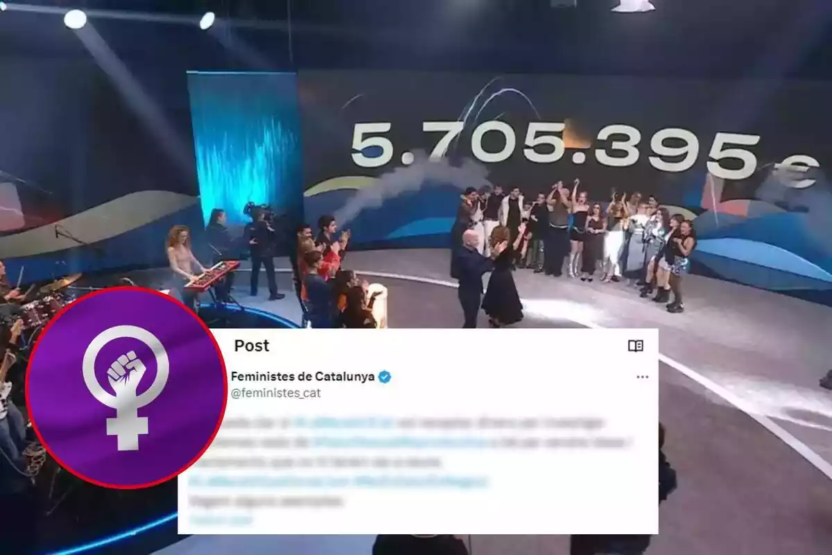 Montaje de fotos del plató de 'La Marató' de TV3 y un tweet de @Feministes_Cat