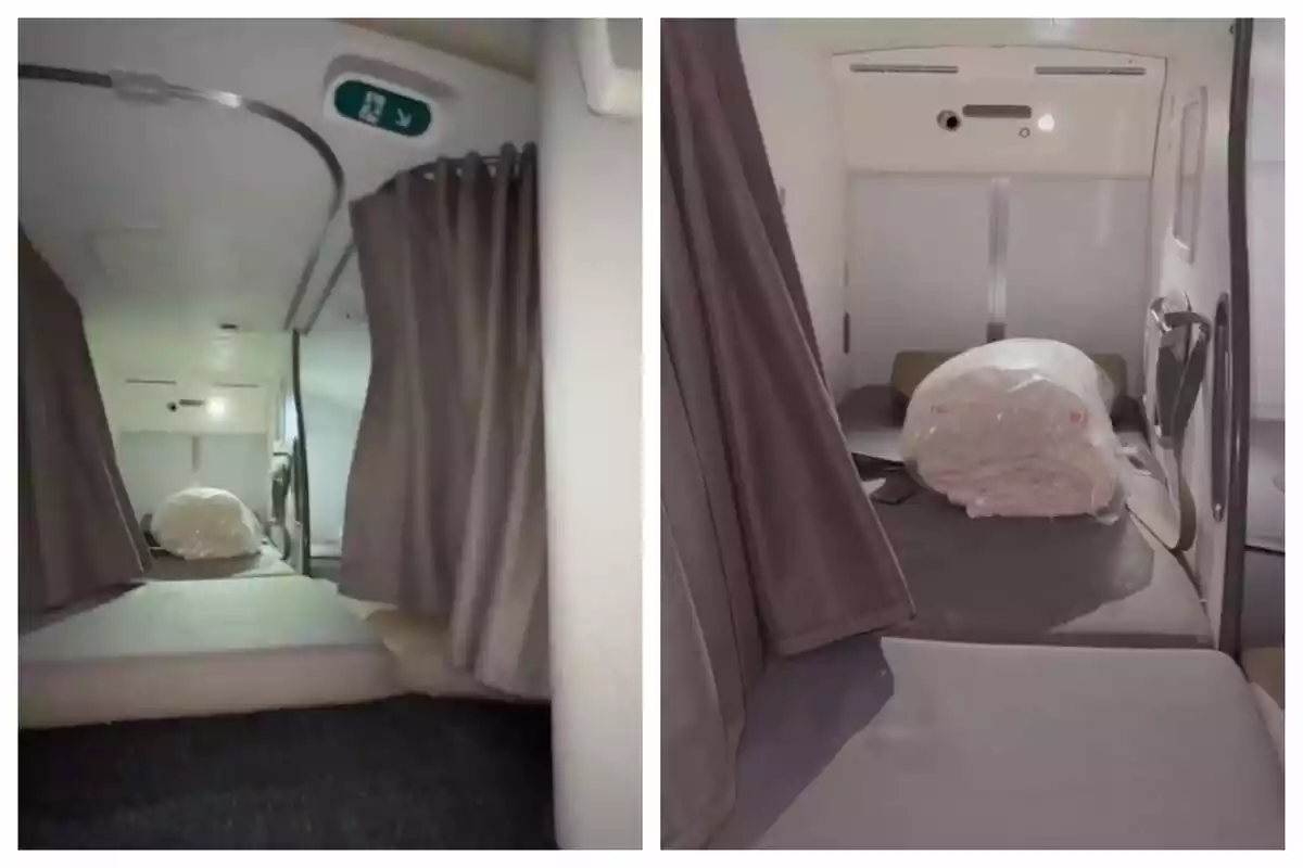 Montaje de fotos del dormitorio de una azafata en el interior de un avión