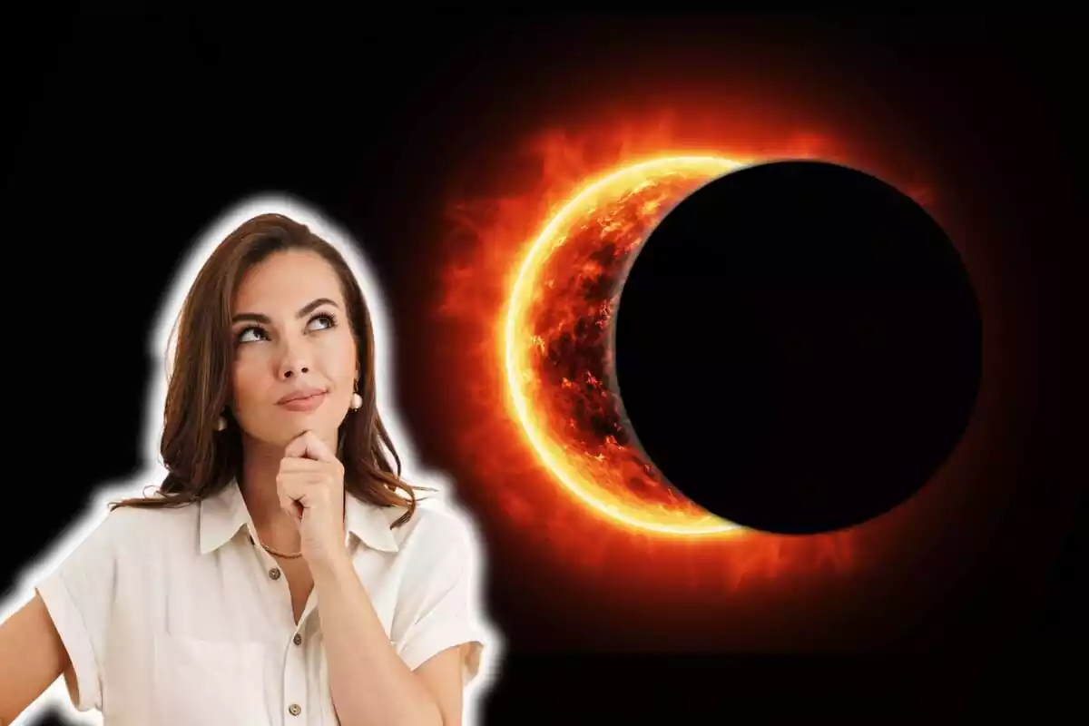 Montaje de fotos de un eclipse solar y, al lado, una mujer con rostro pensativo