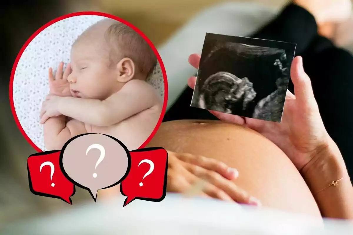 Una mujer embarazada sostiene una ecografía sobre su vientre. A la izquierda, hay una imagen circular de un bebé durmiendo, rodeada de signos de interrogación en burbujas de diálogo.