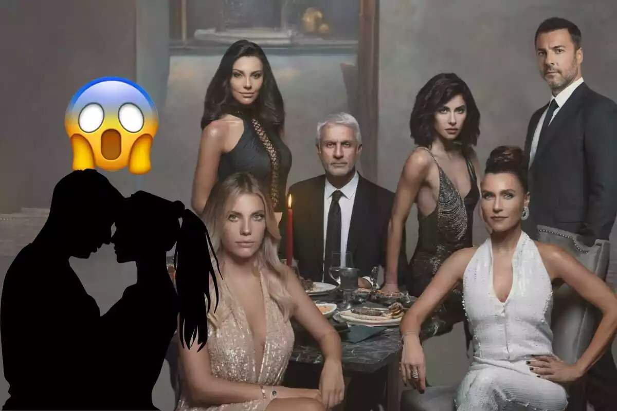 Montaje de fotos del elenco de los principales actores de la serie 'Pecado Original' y, al lado, la silueta de una pareja con un emoji de sorpresa