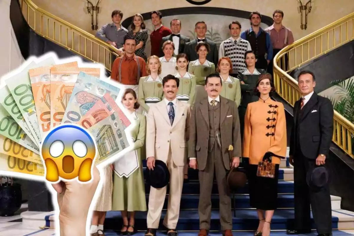 Montaje de fotos del elenco de la serie 'La Moderna' y, al lado, una mano sujetando billetes con un emoji de sorpresa