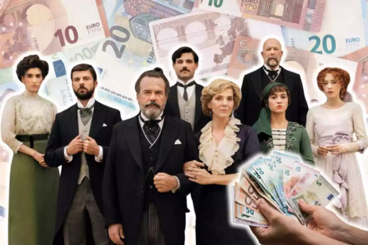 Montaje de fotos del elenco de la serie de RTVE 'La Promesa' con una mano sujetando billetes de euro al lado