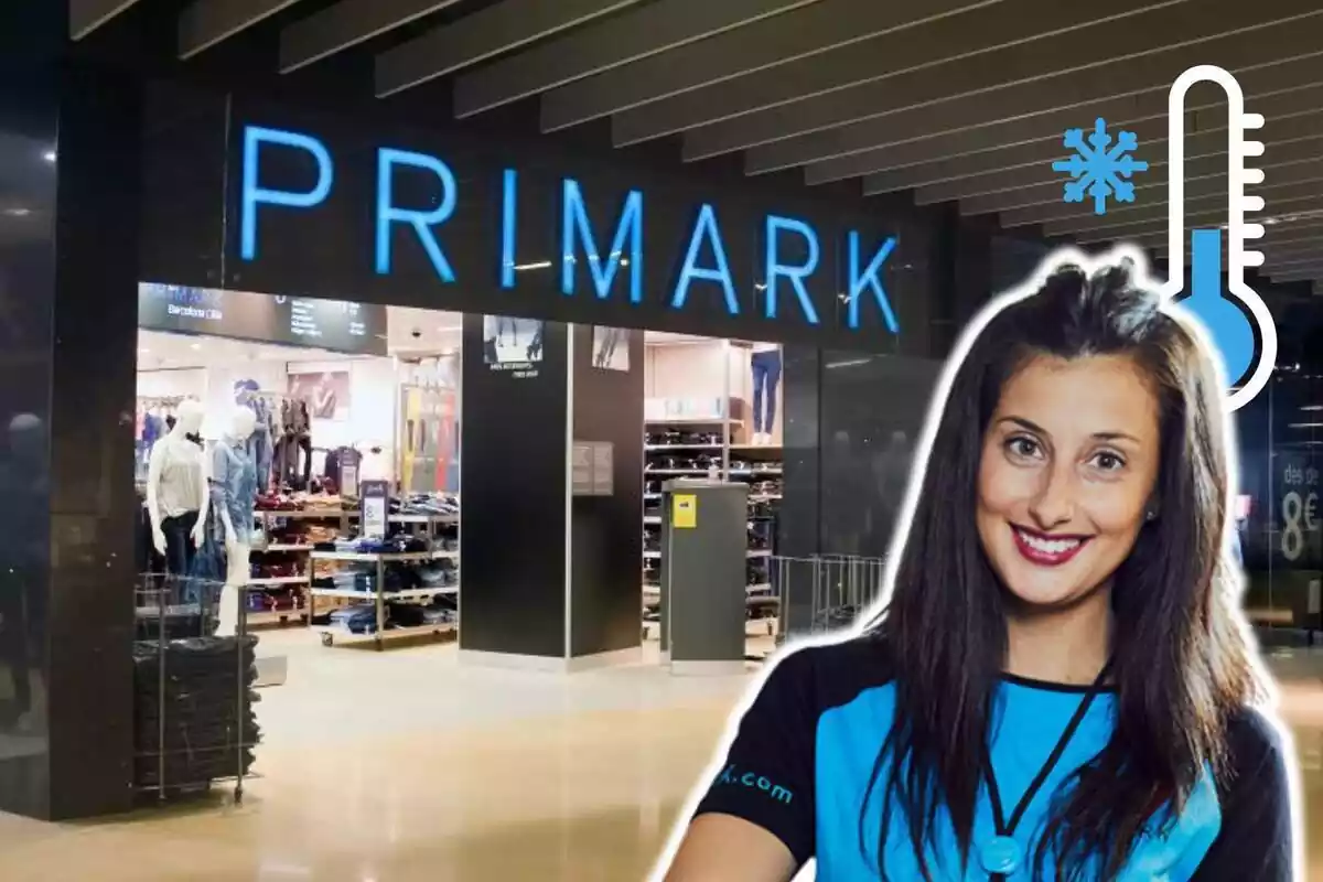 Montaje de fotos de una empelada de Primark sonriente y, de fondo, una imagen de una tienda Primark