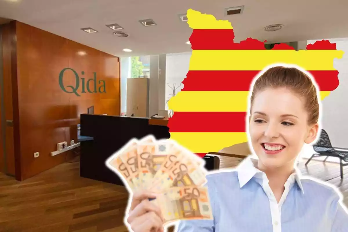 Montaje de fotos de una instalación de la empresa Qida y, al lado, una mujer sujetando billetes de euro y la silueta de Cataluña