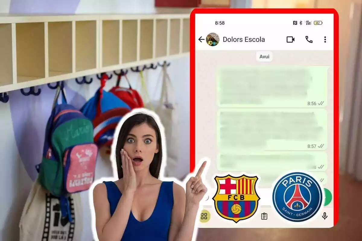 Montaje de fotos de una captura de WhatsApp con los logos del Barça y el PSG y, al lado, una imagen de una mujer con rostro de sorpresa y una imagen de una escuela de fondo