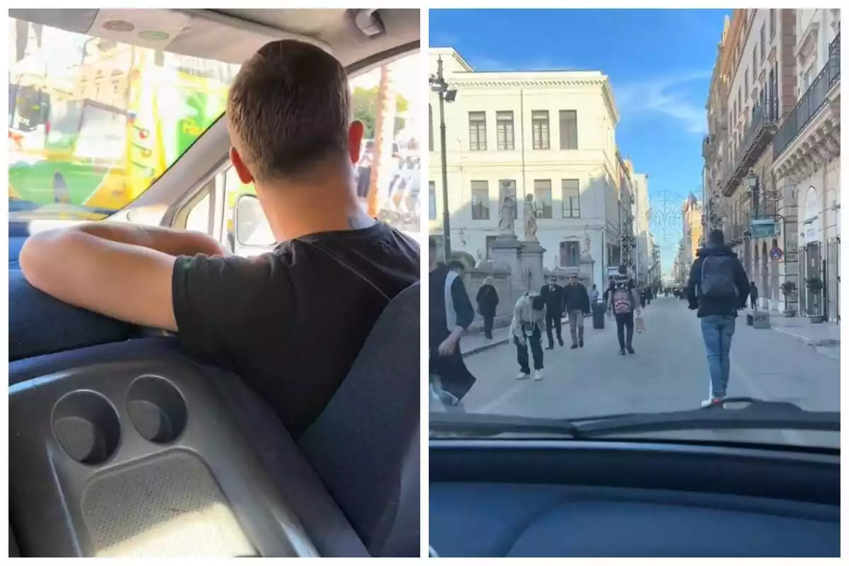 Montaje de dos fotos desde el interior de un coche de un español conduciendo por Nápoles (Italia)