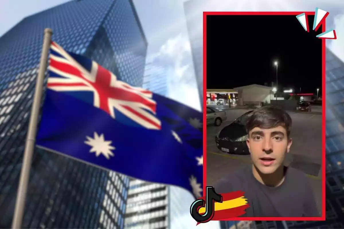 Montaje de fotos de Sergio Valla, un tiktoker español y, al lado, la bandera de Australia